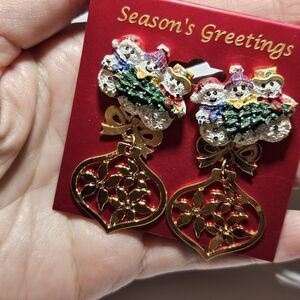 Gold Tone Christmas Ornament And Snowman Trio Earring Set